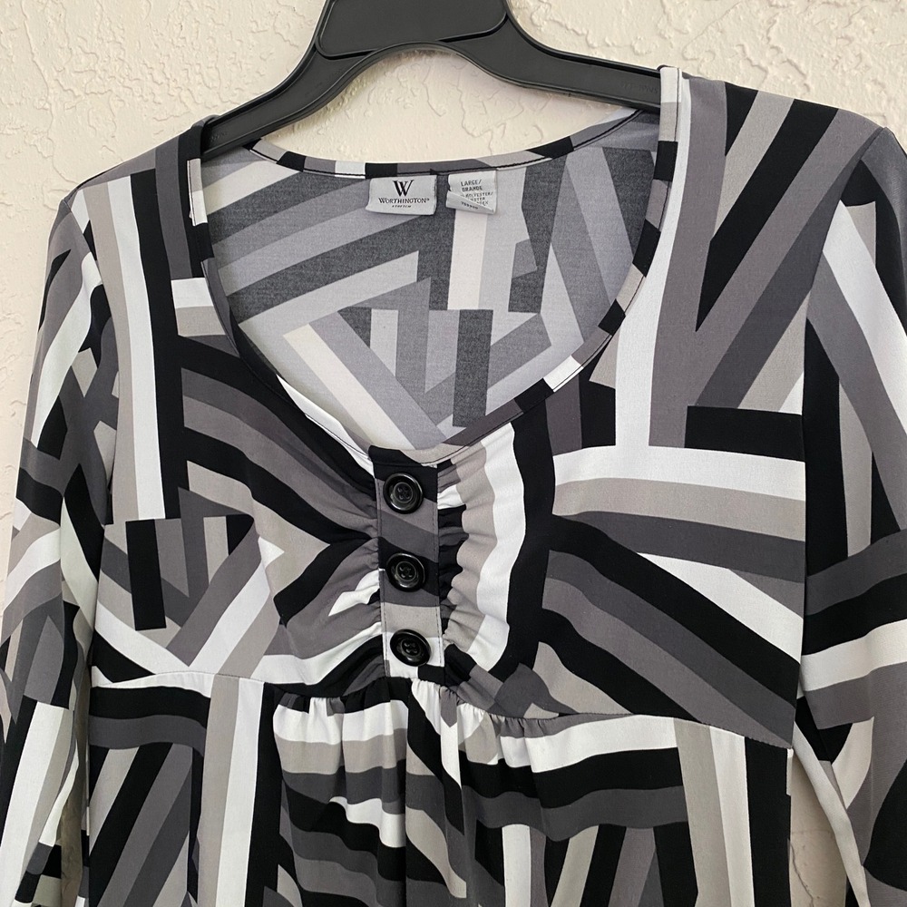 Worthington Y2k Mod Retro Geometric Top Women L Black Gray Long Sleeve Stretch - Picture 2 of 6